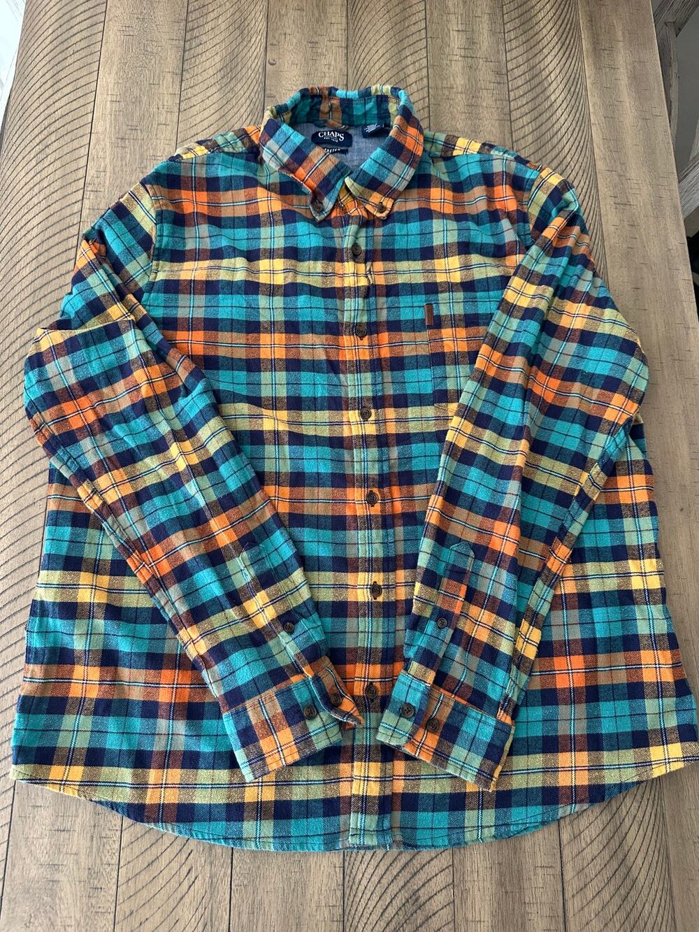 Chaps Mens XL LS Button Down Shirt Teal Blue Orange Plaid Stretch Casual